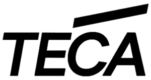 The image shows the word TECA in bold, black, italic capital letters. A thick, black, diagonal line sits above the letter A. The background is white.