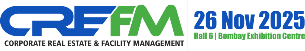 Logo for CREFM (Corporate Real Estate & Facility Management) with event details: 26 Nov 2025, Hall 6, Bombay Exhibition Centre, in blue and green text on a white background.