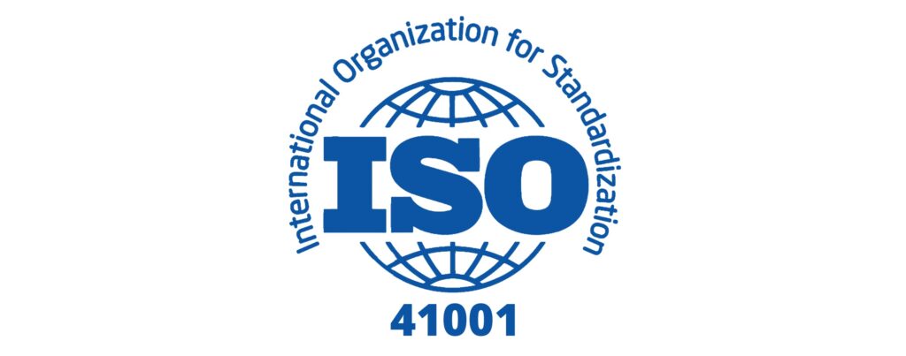 Blue ISO 41001 logo featuring a globe outline with International Organization for Standardization written in a circle and ISO 41001 in bold letters in the center and below the globe.