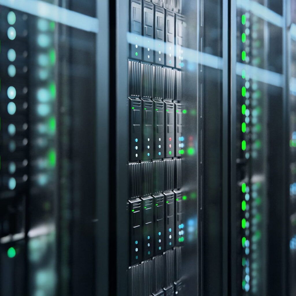 Rows of server racks with blinking green and blue LED lights in a data center, viewed through glass panels, creating a high-tech and secure environment.