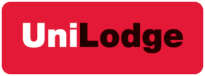 The image shows the UniLodge logo with Uni in white and Lodge in black, on a red rectangular background with rounded corners.