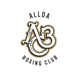 Logo for Alloa Boxing Club featuring large, stylised letters “A” and “B” intertwined in black, white, and gold, with the words Alloa Boxing Club curved around the top and bottom.