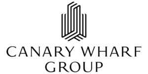 The image shows the Canary Wharf Group logo: a stylised, geometric black and white building above the words CANARY WHARF GROUP in uppercase, elegant serif font.