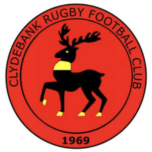 Circular logo for Clydebank Rugby Football Club. A black deer with a yellow band on its neck stands in the centre of a red background, with CLYDEBANK RUGBY FOOTBALL CLUB and 1969 around the edge.
