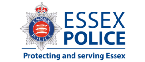 The Essex Police badge with a crown and three seaxes is shown next to the words Essex Police and the slogan Protecting and serving Essex.