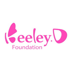 The image is a pink logo with the words Keeley.D Foundation. The K resembles a butterfly wing, and the D forms a curved shape, both in a playful font. The background is white.