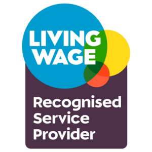 Logo with overlapping coloured circles. Large blue circle reads Living Wage. Below, white text on a dark rectangle says Recognised Service Provider.