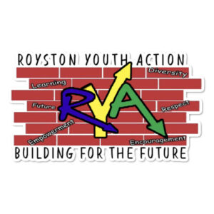 Logo for Royston Youth Action with RYA in bold letters and arrows on a brick wall. Words like learning, diversity, future, respect, empowerment, and encouragement appear around it, with Building for the Future at the bottom.