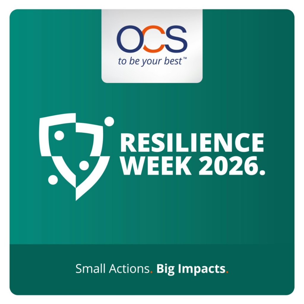 A green graphic with a shield icon and the text RESILIENCE WEEK 2026. The OCS logo and slogan “to be your best” appear at the top. Bottom text reads: Small Actions. Big Impacts.