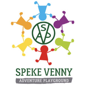 Logo with six colourful, stylised children holding hands in a circle around a green SAV monogram. Text below reads SPEKE VENNY and ADVENTURE PLAYGROUND.