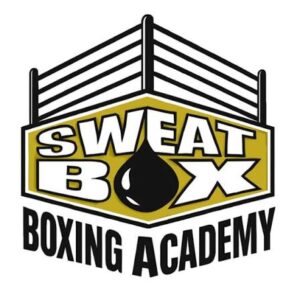 Logo for Sweat Box Boxing Academy featuring a stylised boxing ring above bold text. “SWEAT BOX” is written inside a yellow hexagon with a drop symbol as the “O”; “BOXING ACADEMY” appears below in black capital letters.