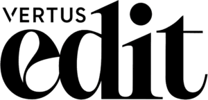 Black and white logo with the word VERTUS in small uppercase letters above the large, bold, stylised word edit.