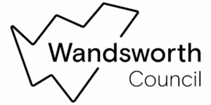 Wandsworth Council logo featuring a jagged, abstract line shape to the left of the words Wandsworth Council in black text on a white background.