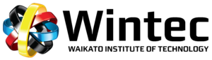 Wintec logo featuring an interlocking ribbon sphere in yellow, red, blue, and black, with bold black text Wintec and smaller text below reading Waikato Institute of Technology.