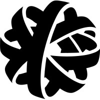 Black and white abstract geometric design featuring interlocking shapes and curving ribbons forming a circular, symmetrical pattern.