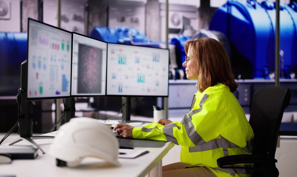 A woman in a high-visibility jacket sits at a desk in an industrial control room, monitoring data and charts on three computer screens. A white safety helmet is on the desk in front of her.