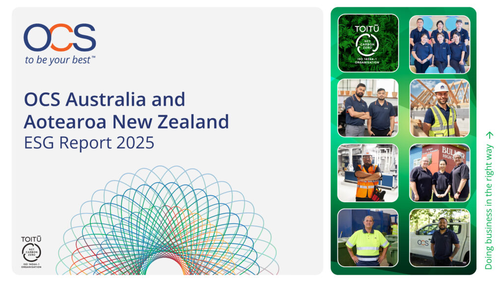 OCS Australia and Aotearoa New Zealand ESG Report 2025 cover, featuring the OCS logo, colourful abstract design, and a collage of employees in uniforms, the Toitū certification, and the phrase Doing business in the right way.