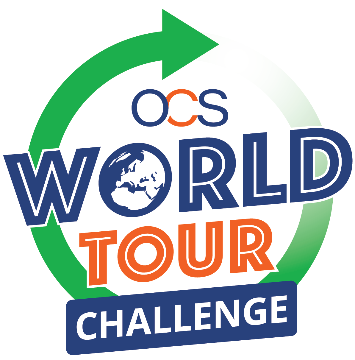 Logo with OCS World Tour Challenge text, a globe inside the word World, and a green arrow circling clockwise round the top of the text.