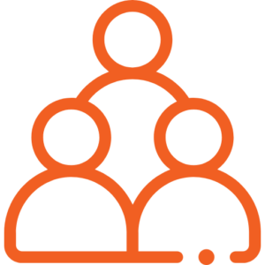 Orange outline of three abstract human figures grouped together, forming a triangular arrangement, with one figure at the top and two below, representing community or teamwork.