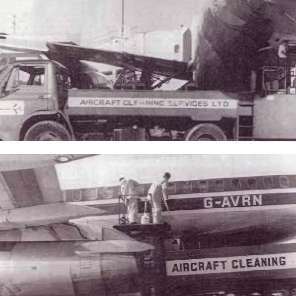 Two black and white photos show lorries labelled Aircraft Cleaning Services Ltd. with workers cleaning aeroplanes. One lorry is beside a plane; workers stand on the lorry, reaching aircraft marked G-AVRN..