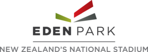 Logo for Eden Park, New Zealand’s National Stadium, featuring three coloured shapes above the text EDEN PARK and a line separating the slogan below.