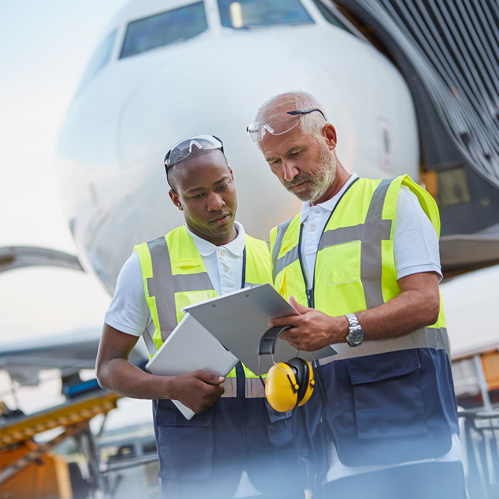 Two airport workers in reflective vests and safety glasses review documents on a clipboard and tablet, standing in front of an aeroplane at an airport gate.