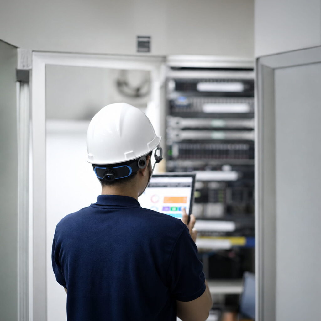 A person wearing a white hard hat and blue shirt uses a tablet whilst standing in front of server racks in a computer server room.