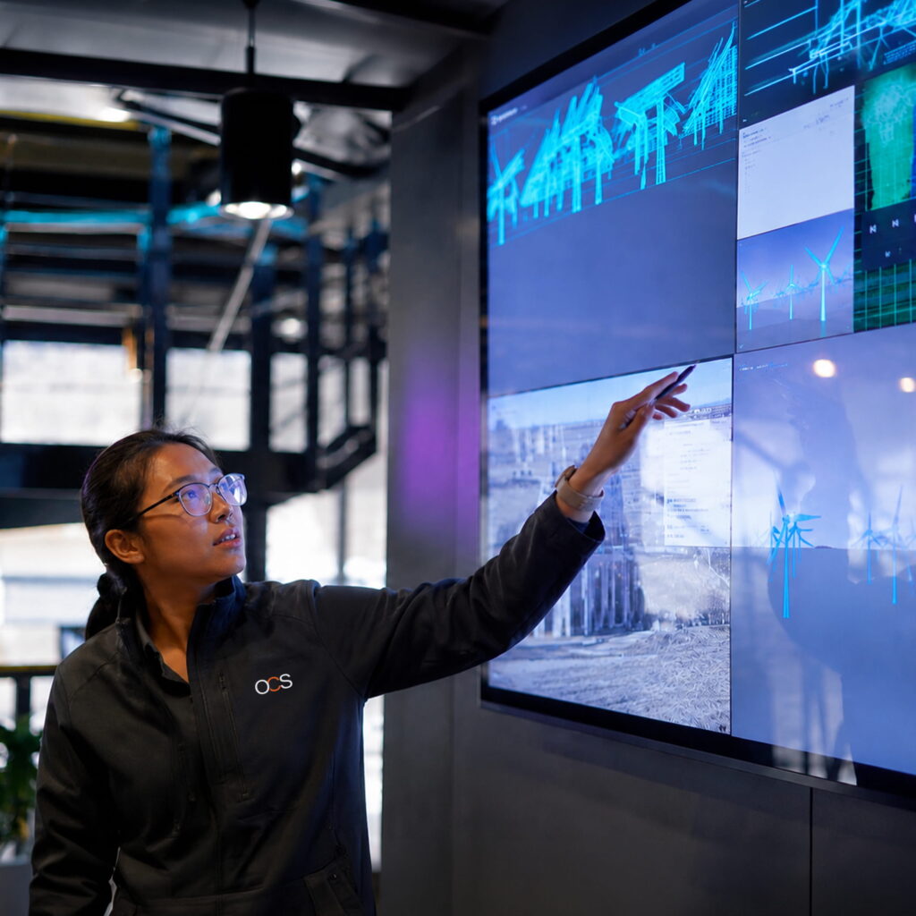 A person in a dark jacket points at large screens displaying graphs, wind turbines, and analytical data in a modern, industrial-style office setting.