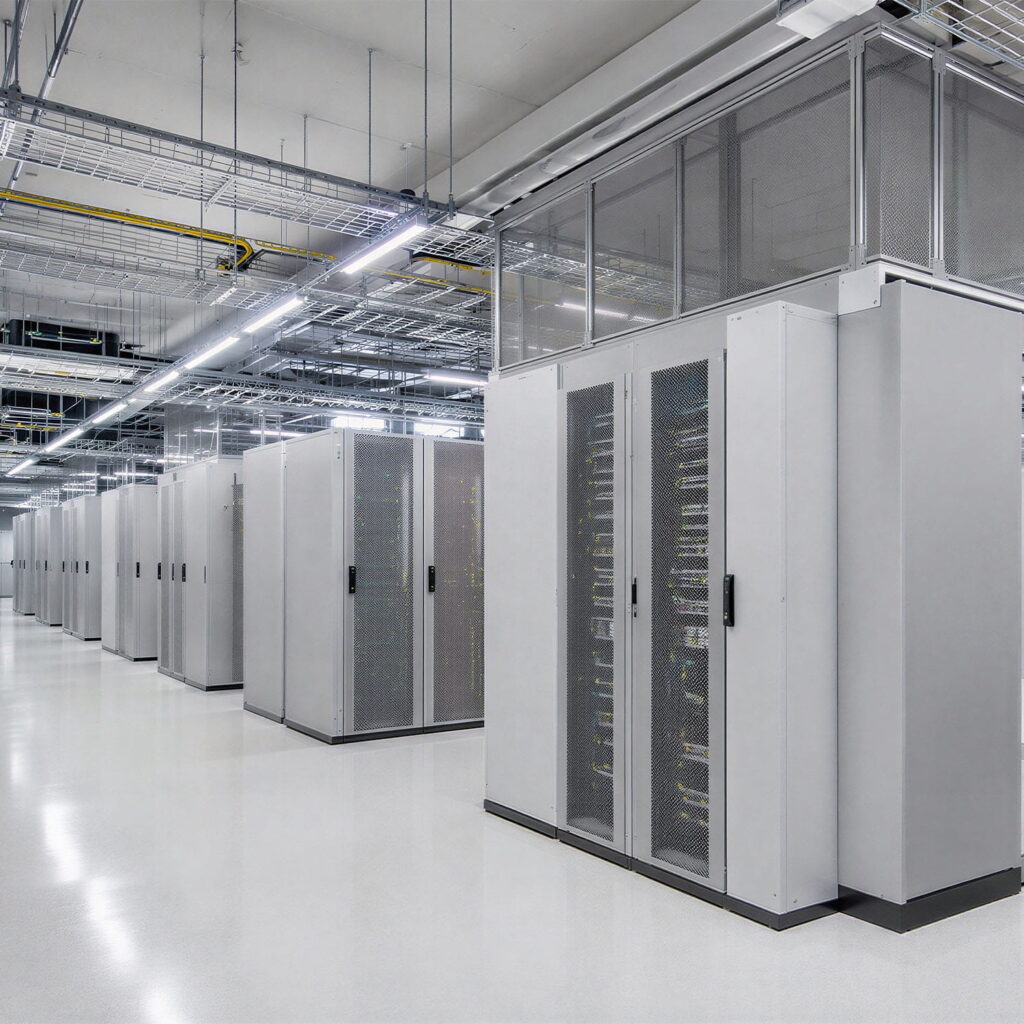 Rows of grey server racks in a brightly lit, modern data centre with a clean white floor and visible overhead cable trays.