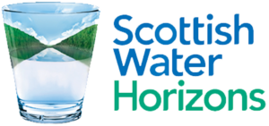 A glass of water reflects a sky and landscape, forming a V shape. Next to it, text reads Scottish Water Horizons in blue and green.