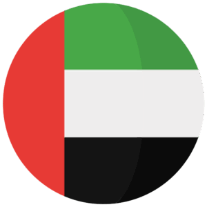 A circular icon of the United Arab Emirates flag with vertical red, and horizontal green, white, and black stripes.