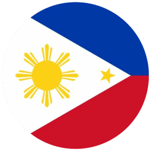 The flag of the Philippines in a circular frame, featuring a white triangle with a yellow sun and three stars, a blue upper band, and a red lower band.