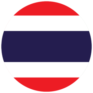 A circular image of the Thailand flag with horizontal stripes: red at the top and bottom, followed by white, and a wide blue stripe in the center.
